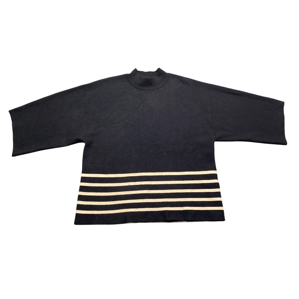 Calligraphie Womens Black Striped‎ Mock Neck Sweater Size M Short Sleeve Boxy